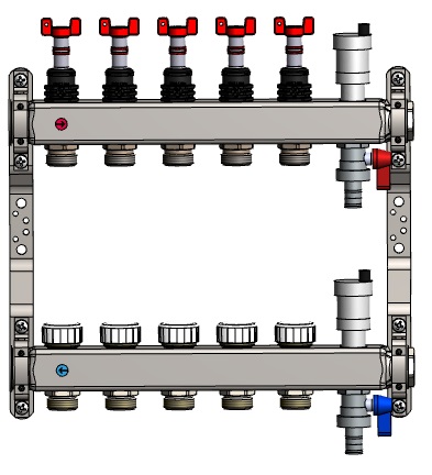 Silto grīdu kolektors UFST-A-7 cilpas, ar plūsmas mērītājiem un atgaisotāju, Inox, ECOline, KAN-therm, 1306157049