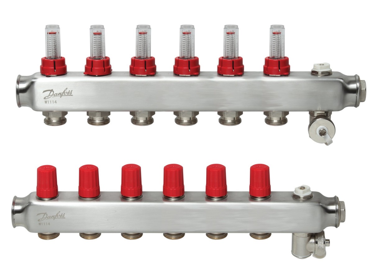 Nerūsējošā tērauda grīdas apkures kolektors SSM-6F, ar plūsmas mērītājiem, DANFOSS, 088U0756