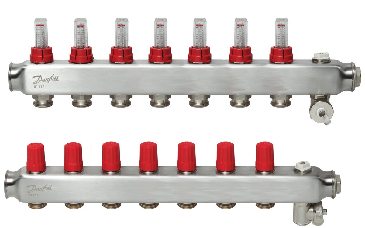 Nerūsējošā tērauda grīdas apkures kolektors SSM-7F, ar plūsmas mērītājiem, DANFOSS, 088U0757