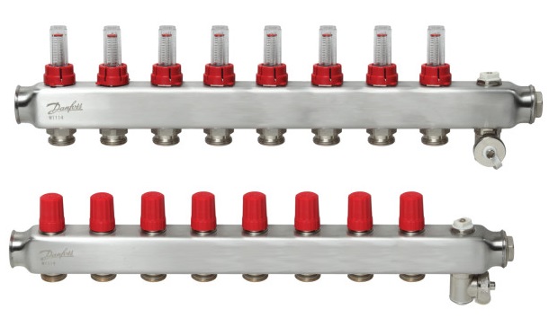 Nerūsējošā tērauda grīdas apkures kolektors SSM-8F, ar plūsmas mērītājiem, DANFOSS, 088U0758