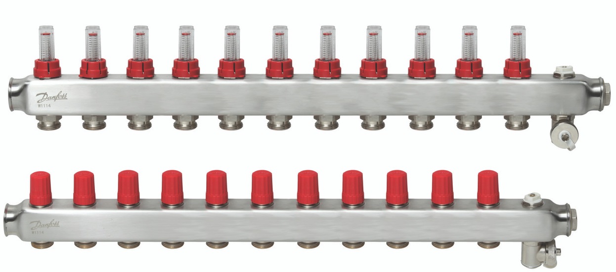 Nerūsējošā tērauda grīdas apkures kolektors SSM-11F, ar plūsmas mērītājiem, DANFOSS, 088U0761
