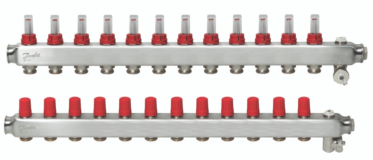 Nerūsējošā tērauda grīdas apkures kolektors SSM-12F, ar plūsmas mērītājiem, DANFOSS, 088U0762