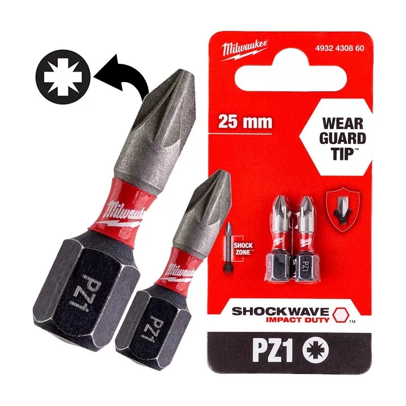 Skrūvgrieža uzgaļu komplekts SHOCKWAVE IMPACT DUTY™, PZ 1, 25 mm, 2 gb., Milwaukee, 4932430860