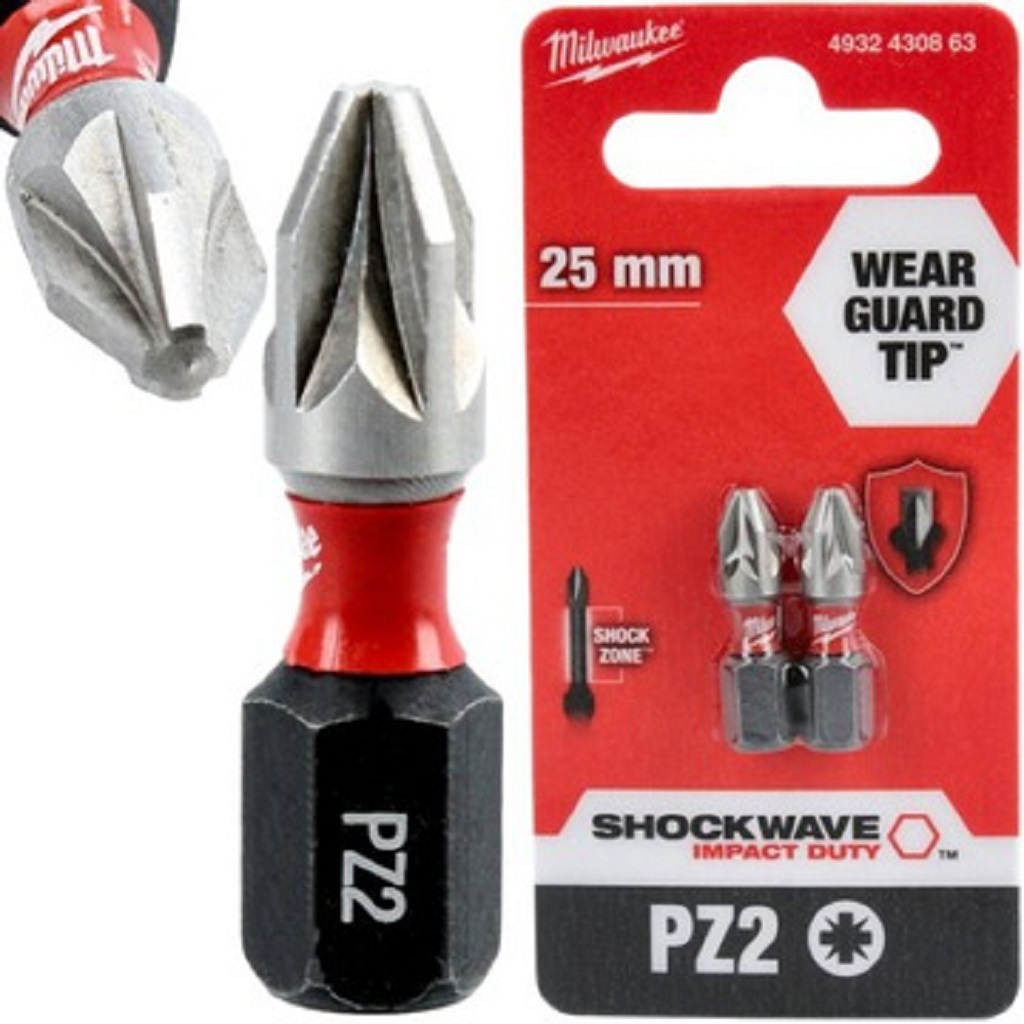 Skrūvgrieža uzgaļu komplekts SHOCKWAVE IMPACT DUTY™, PZ 2, 25 mm, 2 gb., Milwaukee, 4932430863