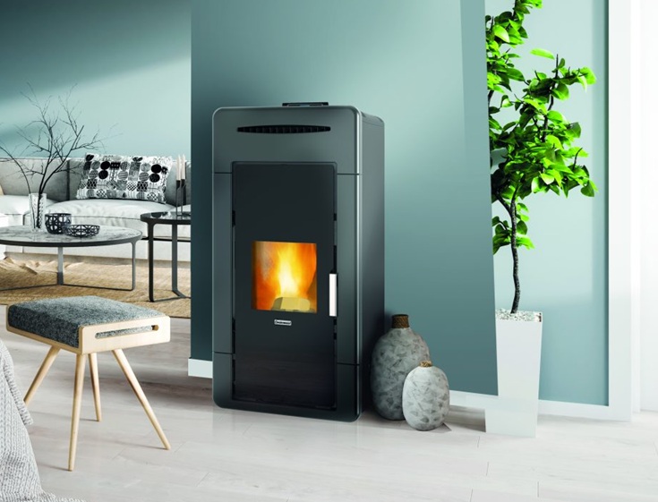 Granulu kamīns CentroPelet ZVC14 K, ar keramisko paneli un centrālapkuri, melns, Centrometal