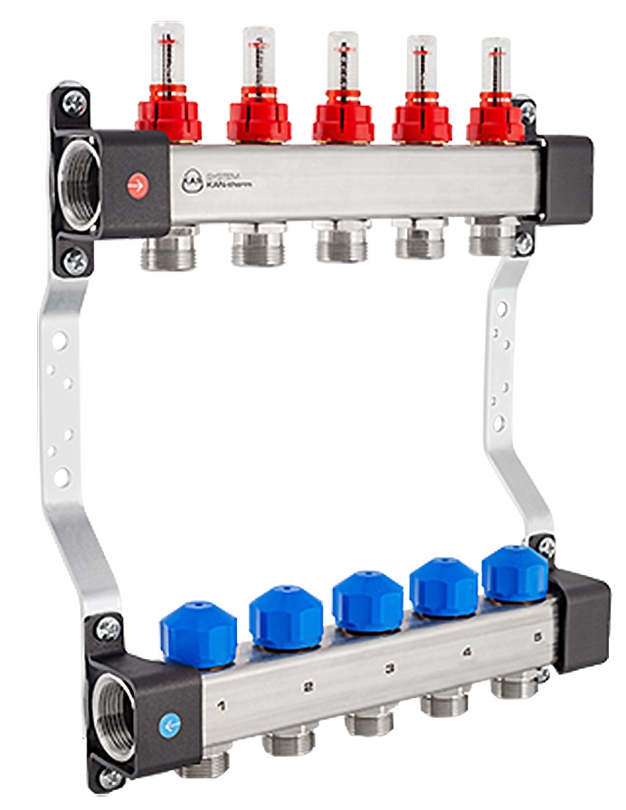 Коллектор на 5 контуров из нержавеющей стали KAN-therm UFS-5, с расходомерами и вентилями для сервоприводов
