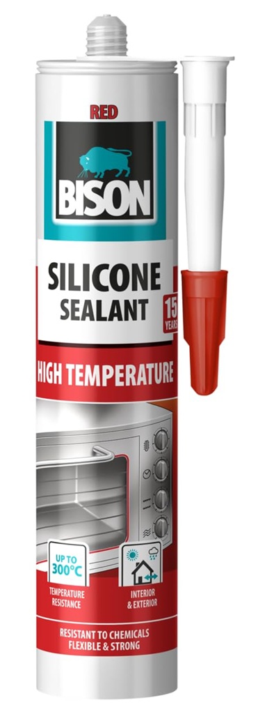 Karstumizturīgs etiķa bāzes silikona hermētiķis HIGH TEMPERATURE, 300°C, sarkans, 280 ml, BISON